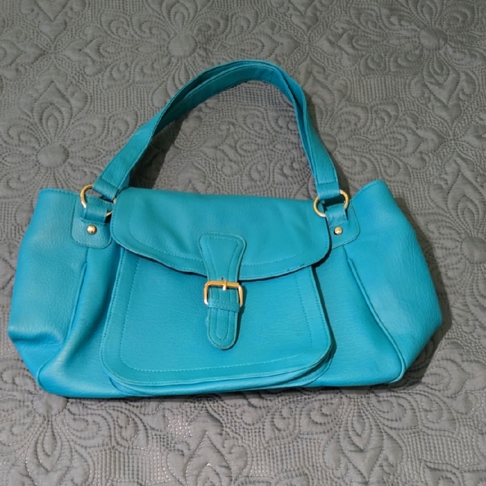 Blue Shoulder Bag with Gold Buckle and Slouchy Shape